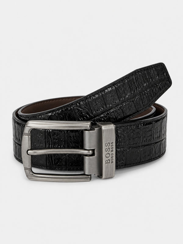 HUGO BOSS CROC TEXTURE BELT - BLACK & BROWN