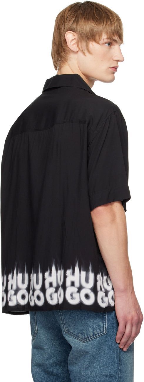 HUGO OVERSIZED SHIRT WITH SMOKE LOGO-PRINT HEM - BLACK