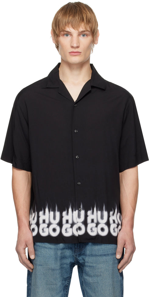 HUGO OVERSIZED SHIRT WITH SMOKE LOGO-PRINT HEM - BLACK