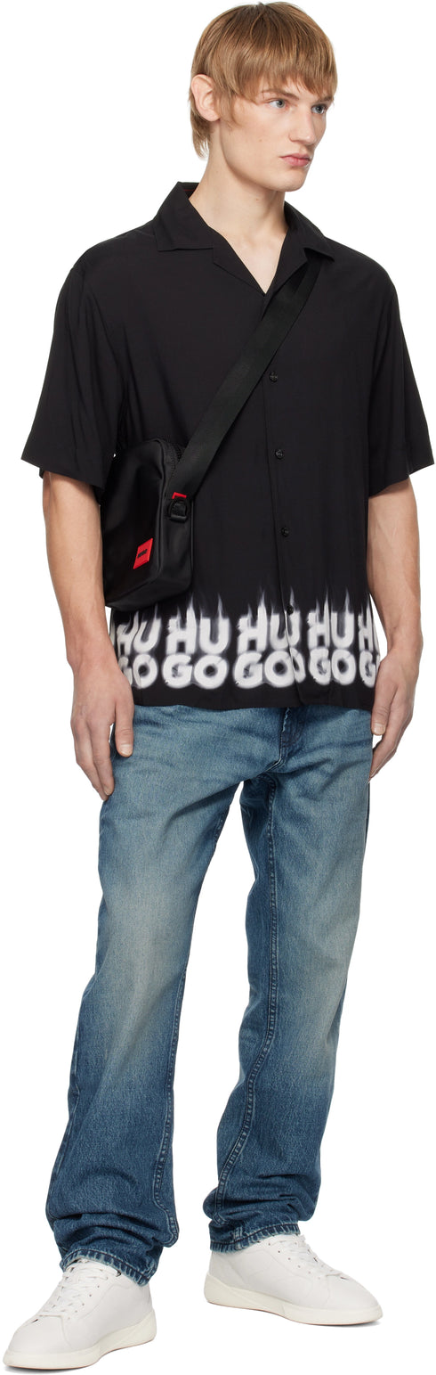 HUGO OVERSIZED SHIRT WITH SMOKE LOGO-PRINT HEM - BLACK