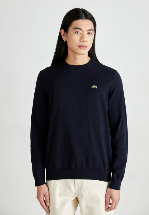 LACOSTE EMBROIDERED CREW NECK WOOL JUMPER - NAVY BLUE