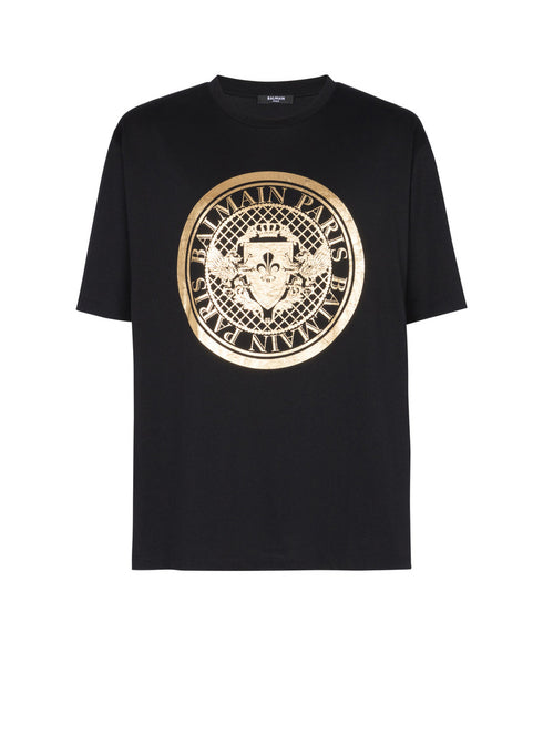 BALMAIN GOLD METALLIC COIN LOGO T-SHIRT