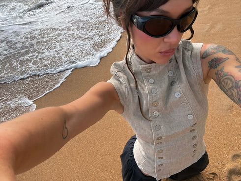 BERSHKA TAILORED DENIM BUTTON TOP
