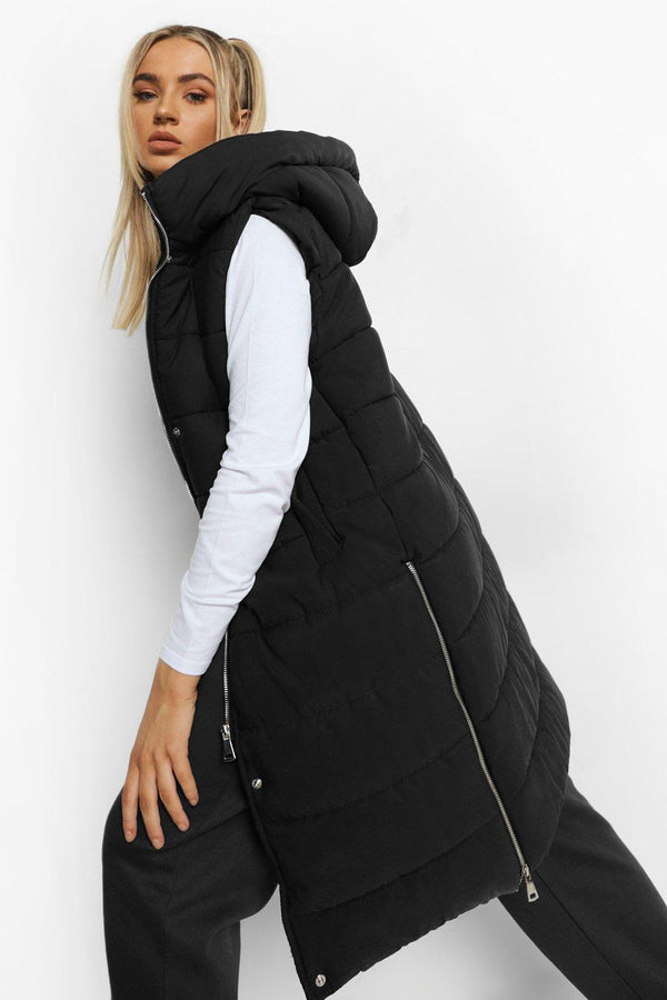 RISING WOMEN’S QUILT HOODED LONG JACKET - BLACK