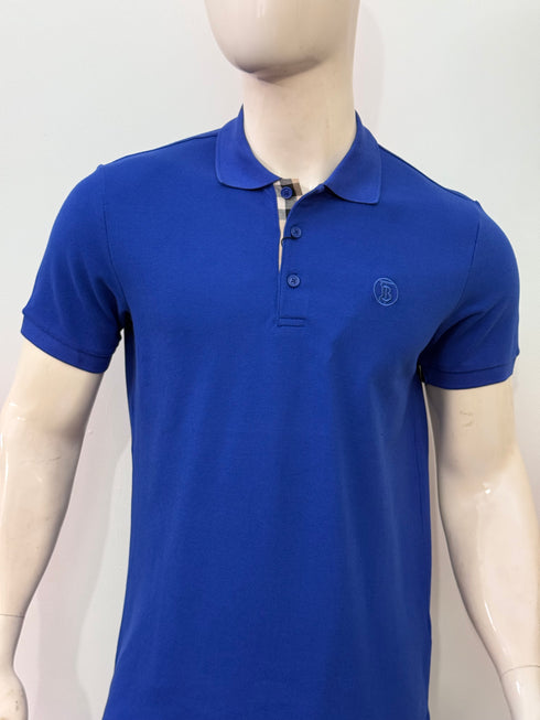 BURBERRY - COTTON PIEQUÉ POLO SHIRT WITH MONOGRAM MOTIF ROYAL BLUE