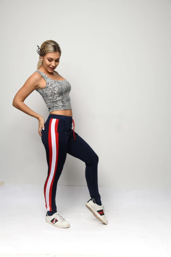 ZEEBRA WOMEN STRETCH RED & WHITE STRIPE LEGGINGS - NAVY