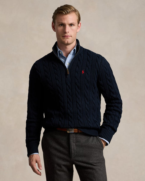 POLO RALPH LAUREN CABLE-KNIT COTTON QUARTER-ZIP JUMPER - NAVY