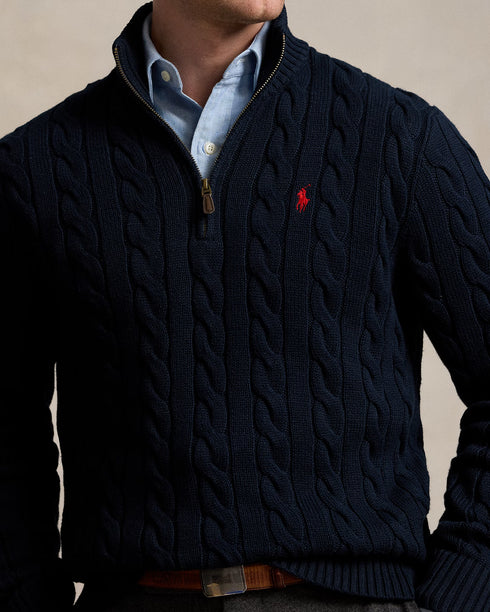 POLO RALPH LAUREN CABLE-KNIT COTTON QUARTER-ZIP JUMPER - NAVY