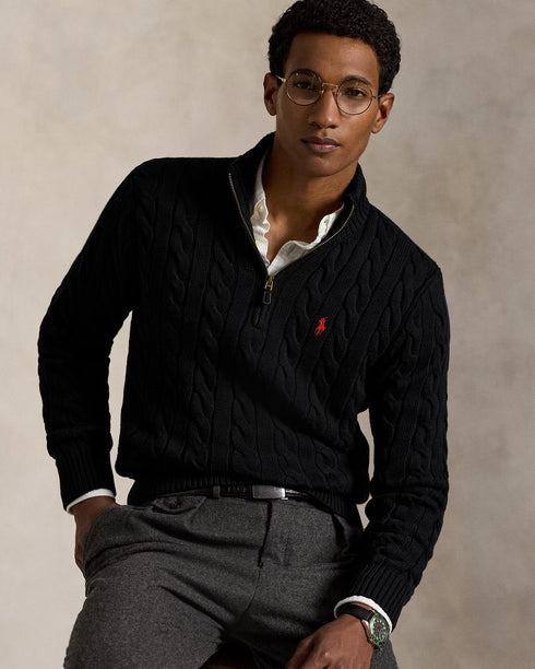 POLO RALPH LAUREN CABLE-KNIT COTTON QUARTER-ZIP JUMPER - BLACK
