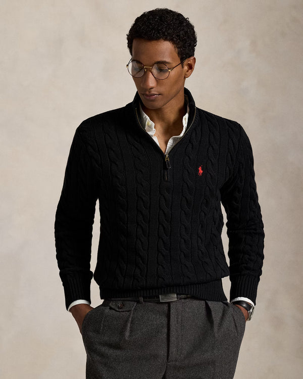 POLO RALPH LAUREN CABLE-KNIT COTTON QUARTER-ZIP JUMPER - BLACK
