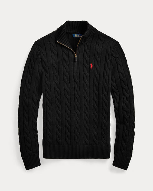 POLO RALPH LAUREN CABLE-KNIT COTTON QUARTER-ZIP JUMPER - BLACK