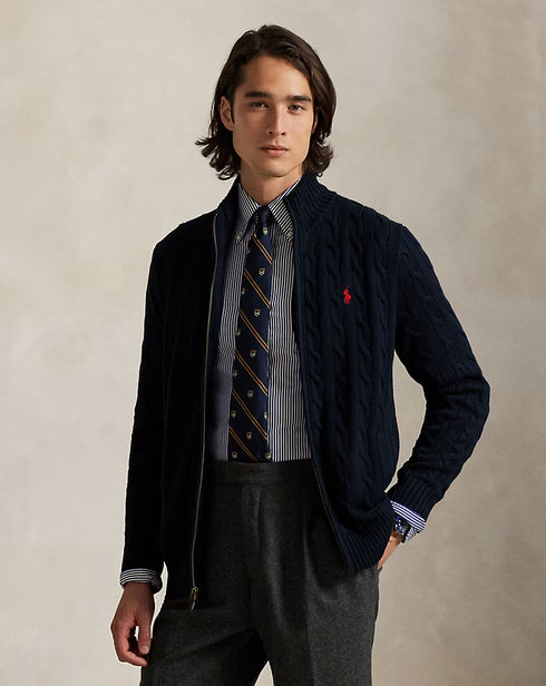 POLO RALPH LAUREN COTTON CABLE-KNIT FULL ZIP JUMPER - NAVY