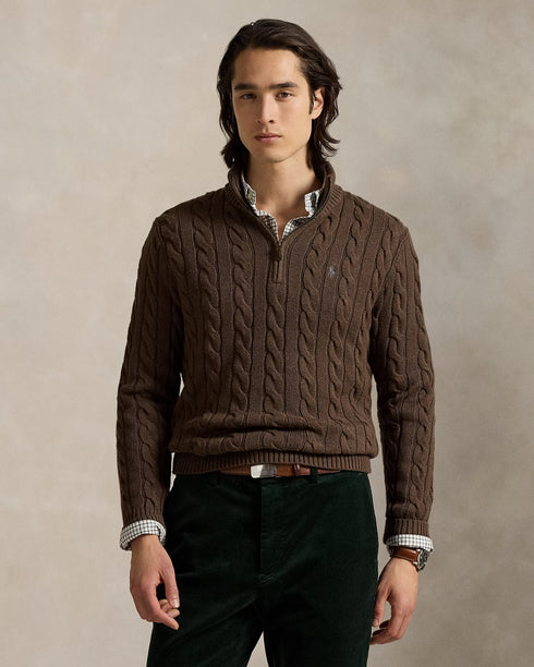 POLO RALPH LAUREN CABLE-KNIT COTTON QUARTER-ZIP JUMPER - BROWN