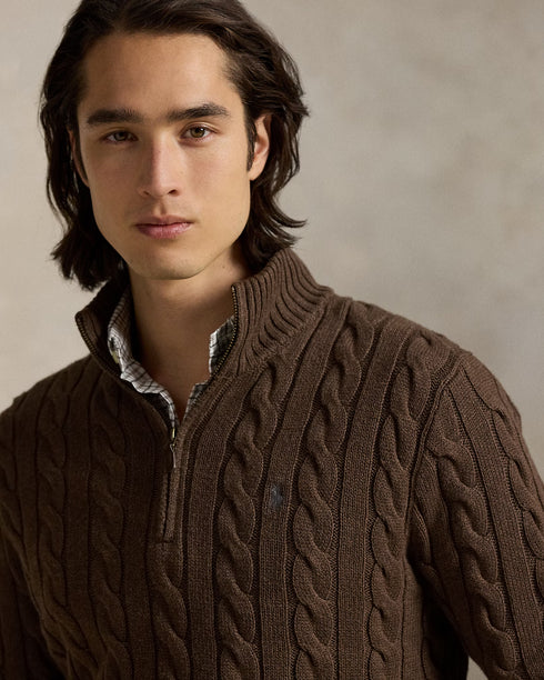 POLO RALPH LAUREN CABLE-KNIT COTTON QUARTER-ZIP JUMPER - BROWN