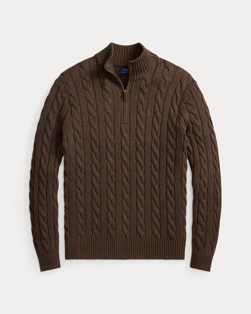 POLO RALPH LAUREN CABLE-KNIT COTTON QUARTER-ZIP JUMPER - BROWN