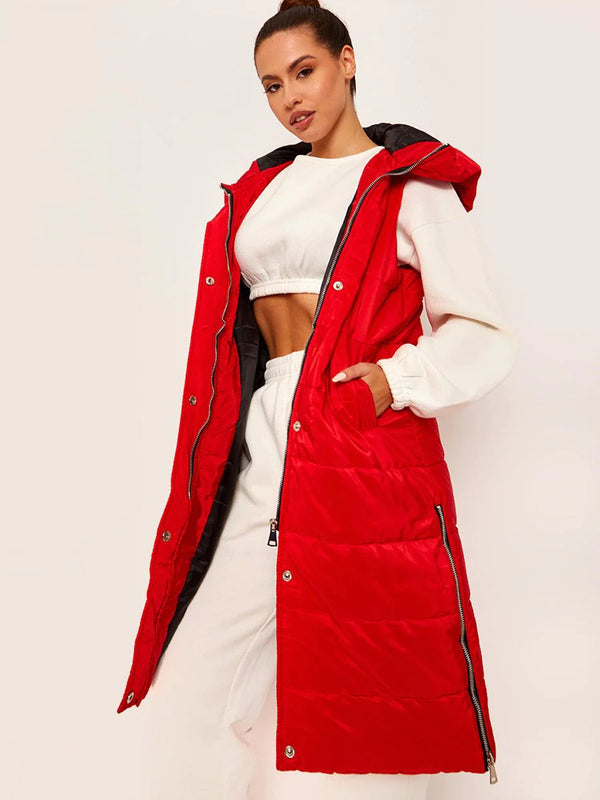 RISING WOMEN’S QUILT HOODED LONG JACKET - RED