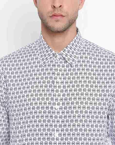 MICHAEL KORS MEN'S SLIM FIT STRETCH ALL OVER MK MONOGRAM LOGO PRINTED SHIRT - WHITE