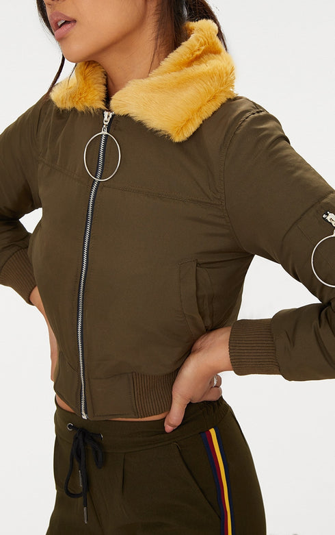 PLT KHAKI RING PULL FAUX FUR COLLAR BOMBER JACKET
