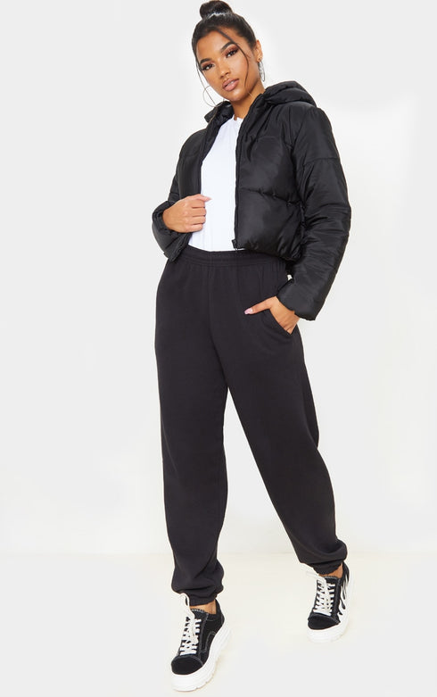PLT BASIC HOODED CROPPED PUFFER - BLACK