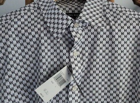 MICHAEL KORS MEN'S SLIM FIT STRETCH ALL OVER MK MONOGRAM LOGO PRINTED SHIRT - WHITE