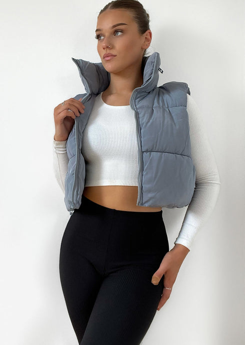 FOLD AWAY HODDED SLEEVELESS PADDED CROPPED PUFFER GILET - GREY