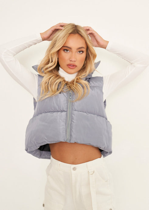 FOLD AWAY HODDED SLEEVELESS PADDED CROPPED PUFFER GILET - GREY